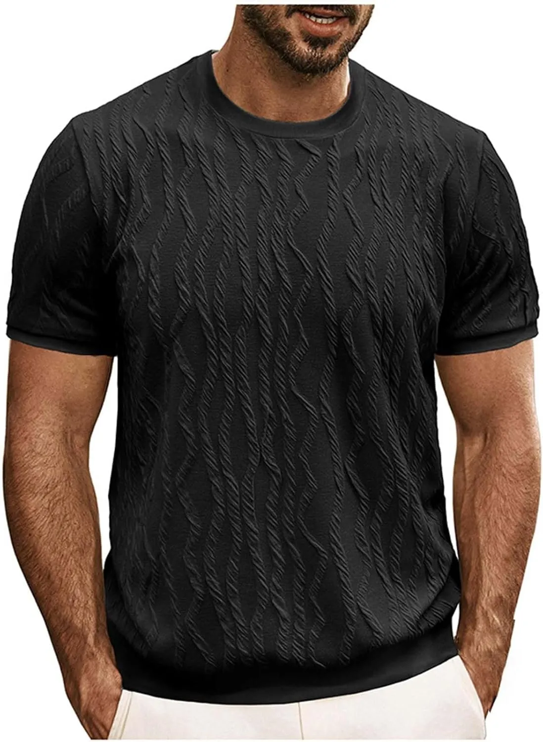 Cotton Linen Shirts for Men Casual Round Neck Short Sleeve T-Shirts Solid Loose Pullover Top Jacquard Knit Tees