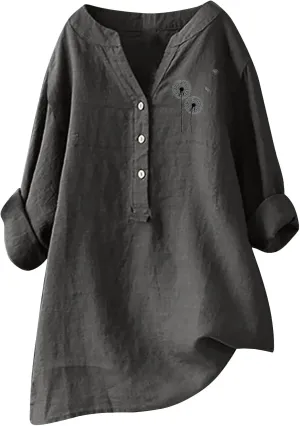 Cotton Linen Shirts for Women 2025 Buttons V Neck 3/4 Sleeve Pockets Tshirt Trendy Dressy Blouses Casual Tunic
