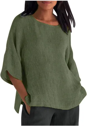 Cotton Linen Shirts for Women 2025 Summer Plus Size Blouse Tee 3/4 Sleeve Crewneck Pullover Tops Dressy Casual Tshirt