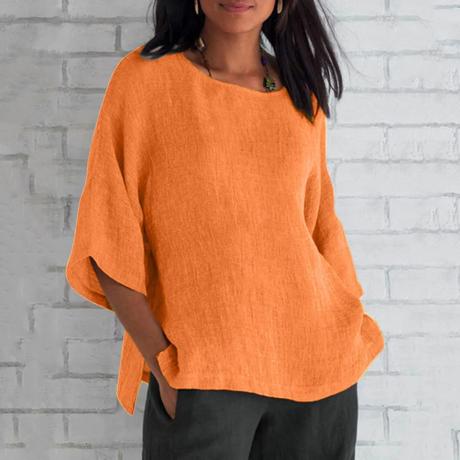 Cotton Linen Shirts for Women 2025 Summer Plus Size Blouse Tee 3/4 Sleeve Crewneck Pullover Tops Dressy Casual Tshirt