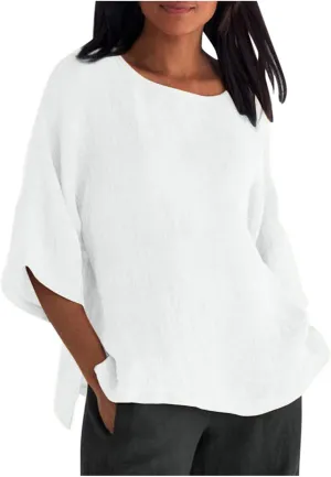 Cotton Linen Shirts for Women 2025 Summer Plus Size Blouse Tee 3/4 Sleeve Crewneck Pullover Tops Dressy Casual Tshirt