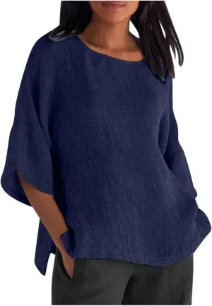 Cotton Linen Shirts for Women 2025 Summer Plus Size Blouse Tee 3/4 Sleeve Crewneck Pullover Tops Dressy Casual Tshirt