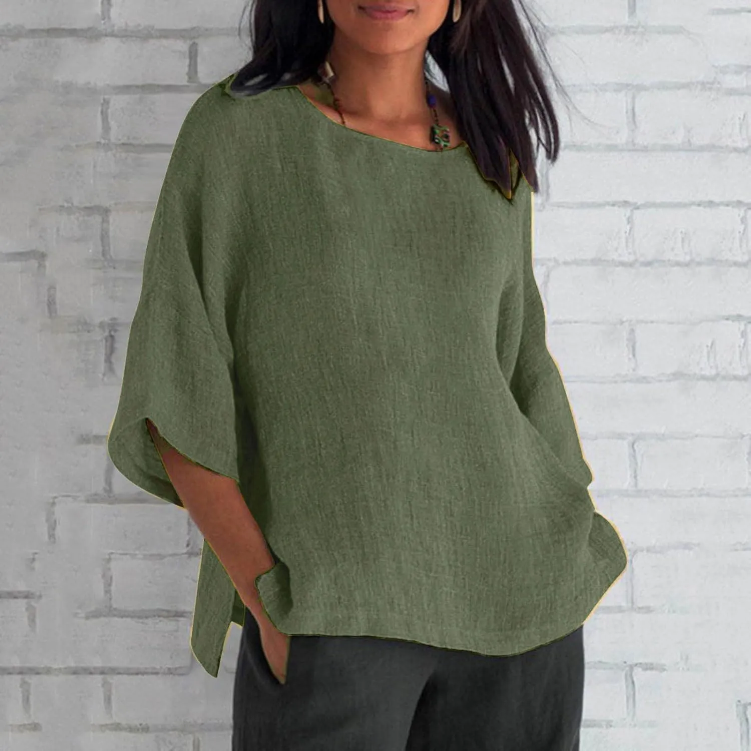 Cotton Linen Shirts for Women 2025 Summer Plus Size Blouse Tee 3/4 Sleeve Crewneck Pullover Tops Dressy Casual Tshirt