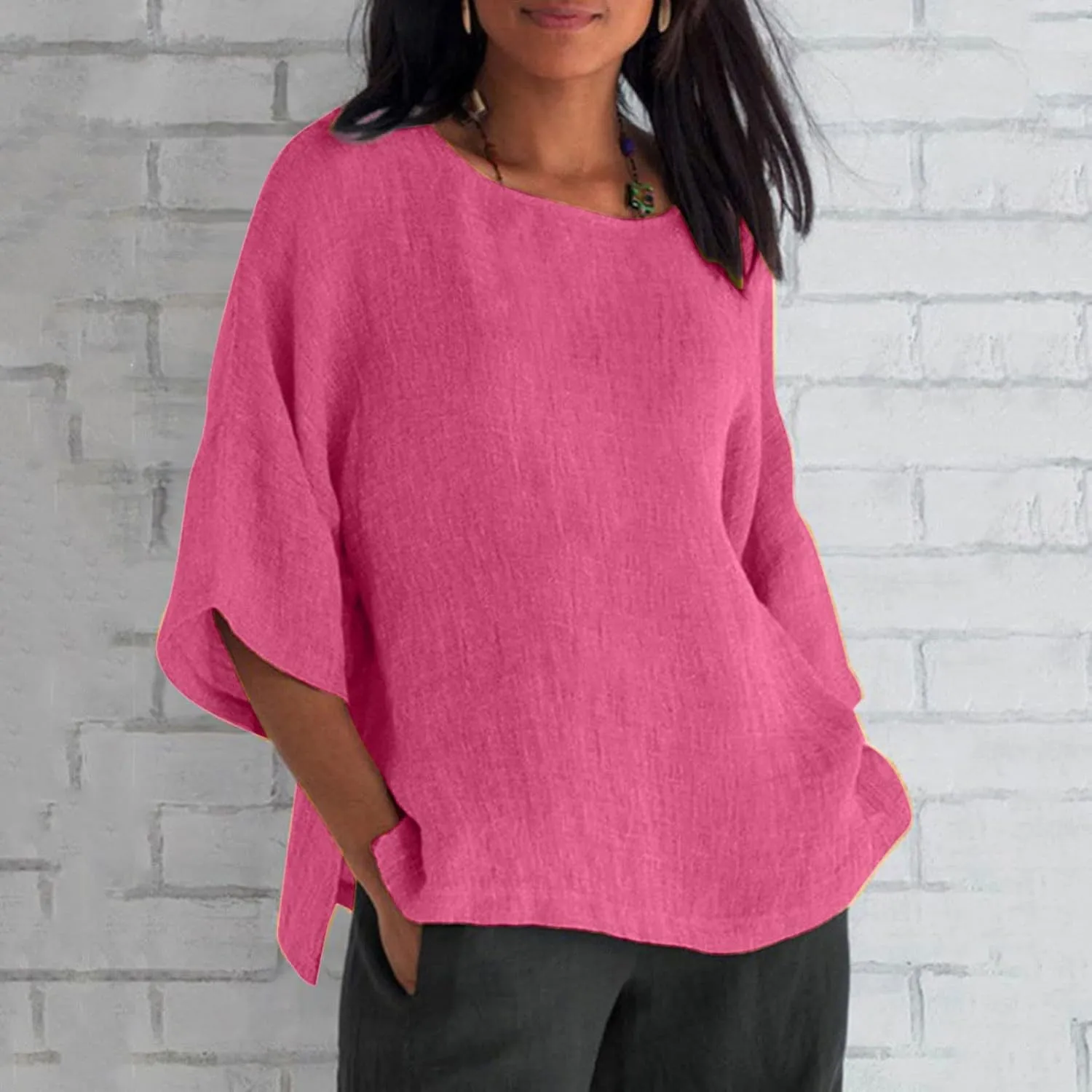 Cotton Linen Shirts for Women 2025 Summer Plus Size Blouse Tee 3/4 Sleeve Crewneck Pullover Tops Dressy Casual Tshirt