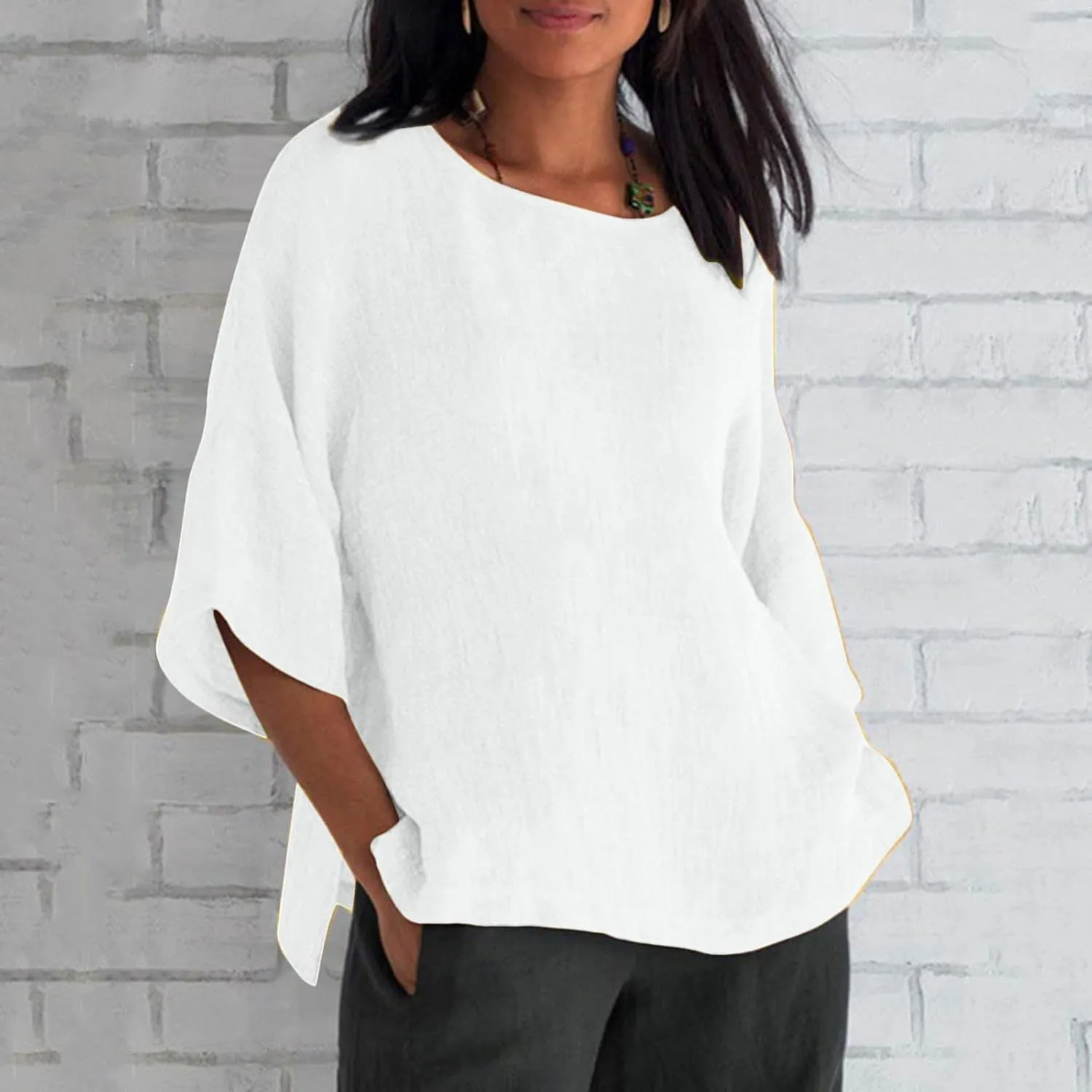Cotton Linen Shirts for Women 2025 Summer Plus Size Blouse Tee 3/4 Sleeve Crewneck Pullover Tops Dressy Casual Tshirt