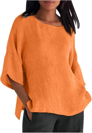 Cotton Linen Shirts for Women 2025 Summer Plus Size Blouse Tee 3/4 Sleeve Crewneck Pullover Tops Dressy Casual Tshirt