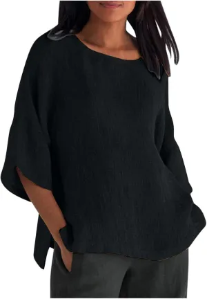 Cotton Linen Shirts for Women 2025 Summer Plus Size Blouse Tee 3/4 Sleeve Crewneck Pullover Tops Dressy Casual Tshirt