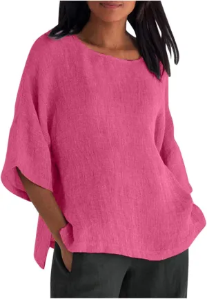 Cotton Linen Shirts for Women 2025 Summer Plus Size Blouse Tee 3/4 Sleeve Crewneck Pullover Tops Dressy Casual Tshirt