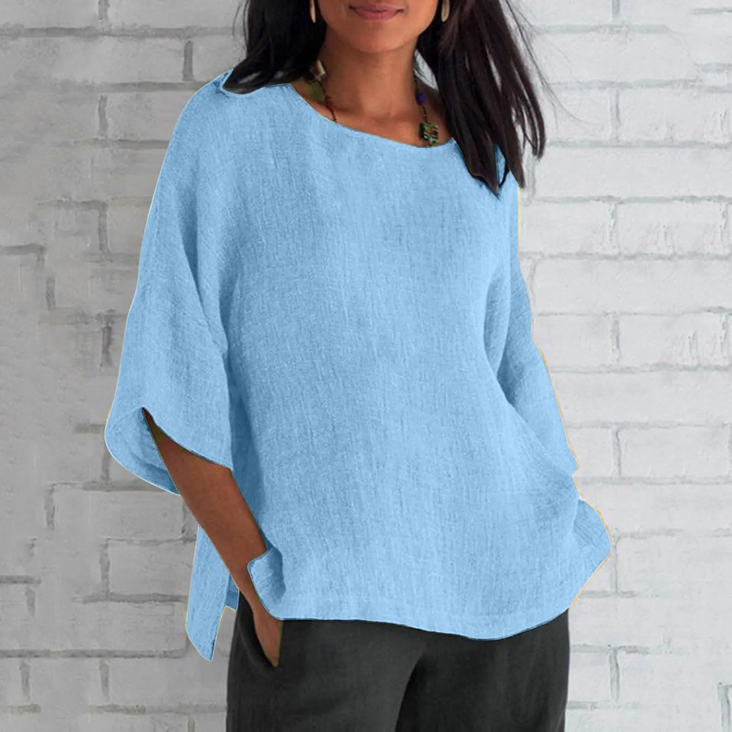 Cotton Linen Shirts for Women 3/4 Sleeve Plus Size Tops Crew Neck T Shirts Casual Three Quarter Length Tunic Tops