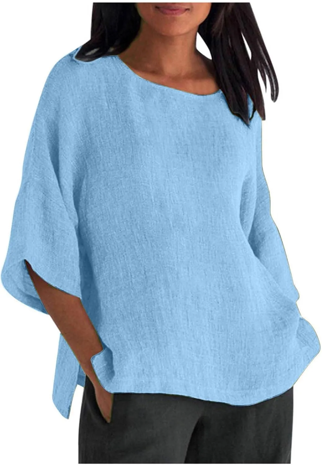 Cotton Linen Shirts for Women 3/4 Sleeve Plus Size Tops Crew Neck T Shirts Casual Three Quarter Length Tunic Tops