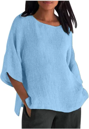 Cotton Linen Shirts for Women 3/4 Sleeve Plus Size Tops Crew Neck T Shirts Casual Three Quarter Length Tunic Tops