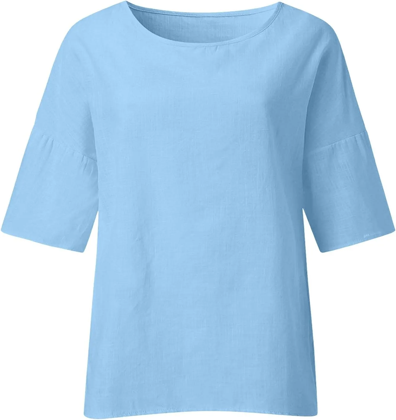 Cotton Linen Shirts for Women 3/4 Sleeve Plus Size Tops Crew Neck T Shirts Casual Three Quarter Length Tunic Tops