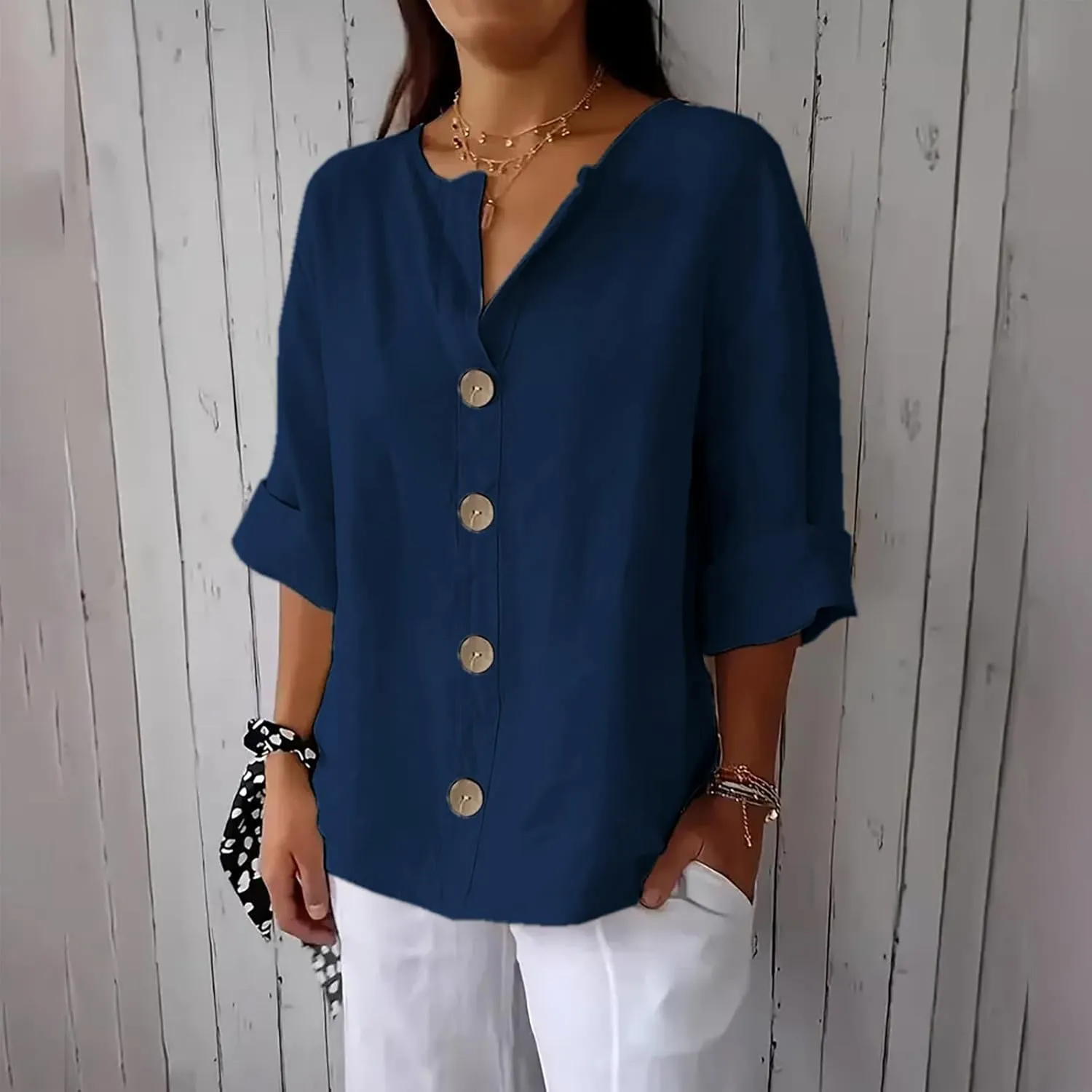 Cotton Linen Shirts for Women Long Sleeve V-Neck Button Down Blouses Solid Color Casual Loose Summer Tops