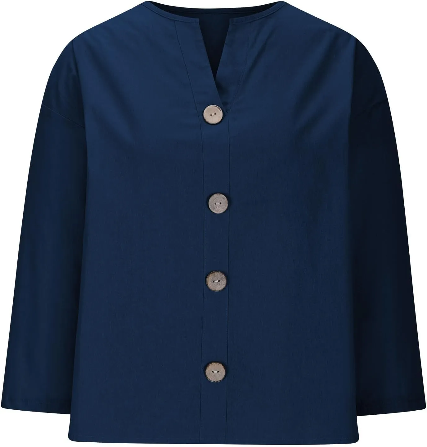 Cotton Linen Shirts for Women Long Sleeve V-Neck Button Down Blouses Solid Color Casual Loose Summer Tops