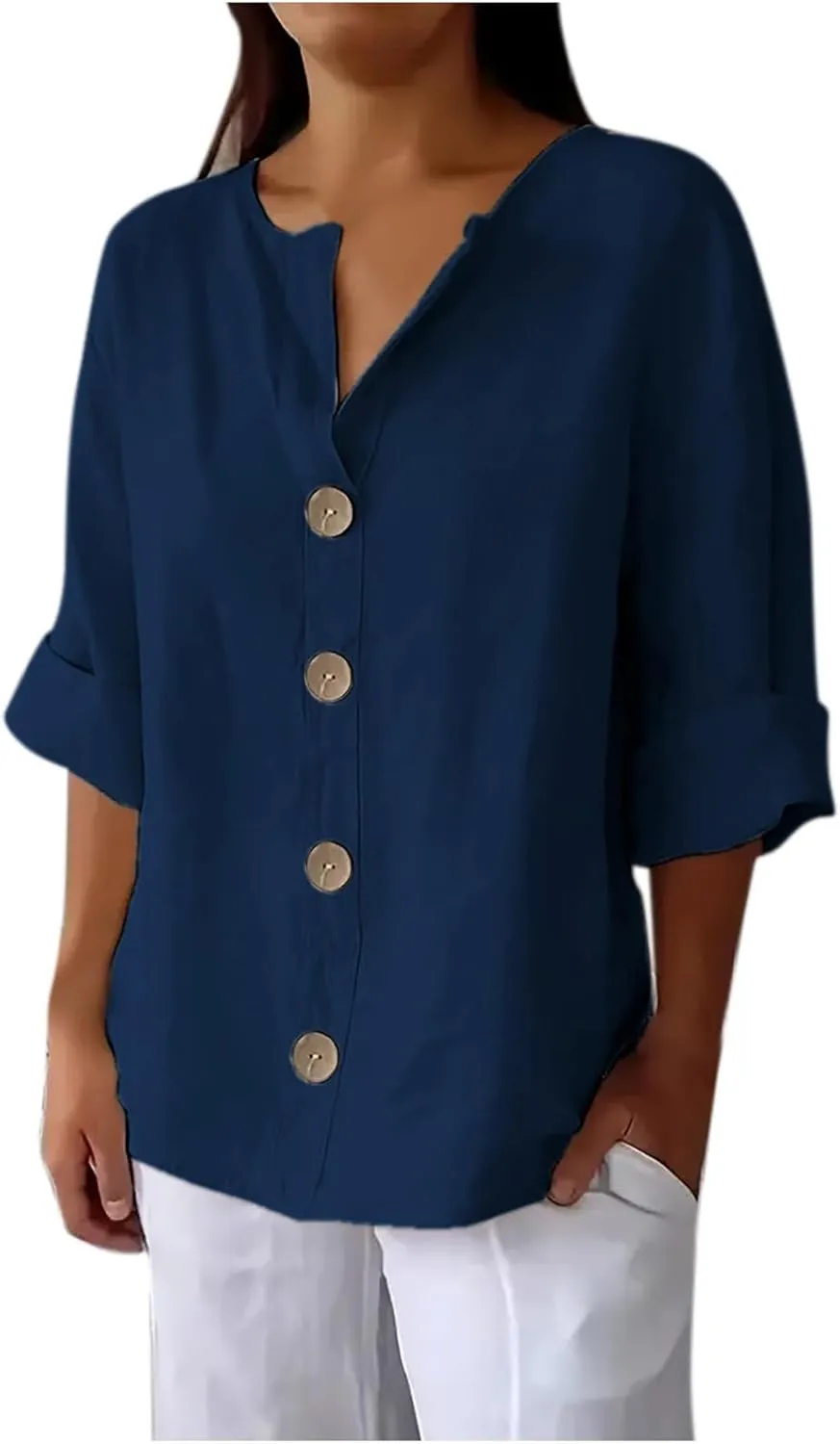 Cotton Linen Shirts for Women Long Sleeve V-Neck Button Down Blouses Solid Color Casual Loose Summer Tops