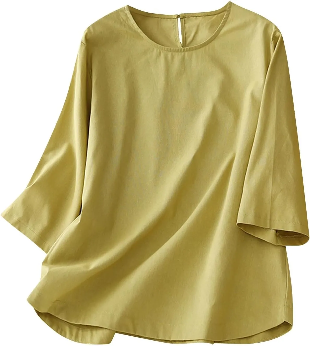 Cotton Linen Shirts for Women Summer Solid Color Basic Crew Neck 3/4 Sleeve Tops Casual Trendy Loose Beach Blouse