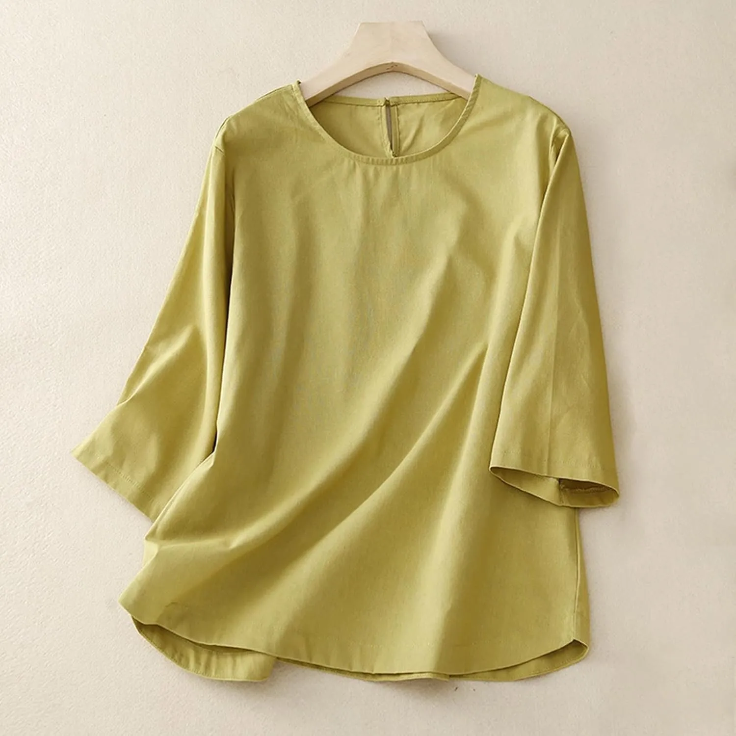Cotton Linen Shirts for Women Summer Solid Color Basic Crew Neck 3/4 Sleeve Tops Casual Trendy Loose Beach Blouse