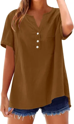 Cotton Linen Shirts for Women Summer Tops 2025 Short Sleeve Button Down Lightweight Blouses Beach Vacation Clothes