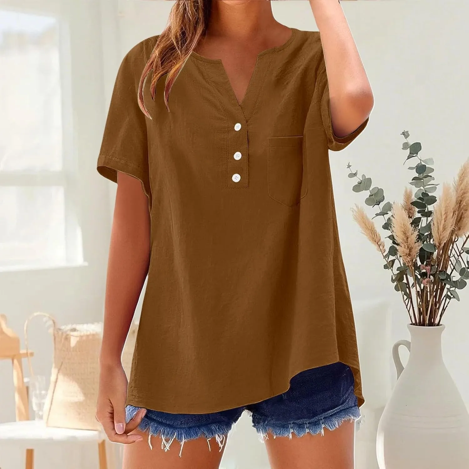 Cotton Linen Shirts for Women Summer Tops 2025 Short Sleeve Button Down Lightweight Blouses Beach Vacation Clothes