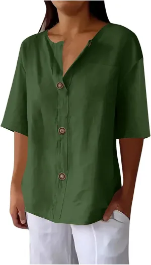 Cotton Linen Shirts for Women Summer V Neck 3/4 Sleeve Tops Loose Vacation Beach Solid Blouses Tunic
