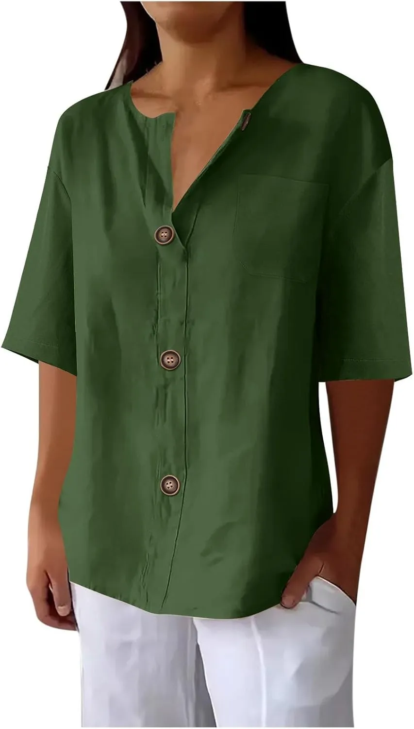 Cotton Linen Shirts for Women Summer V Neck 3/4 Sleeve Tops Loose Vacation Beach Solid Blouses Tunic