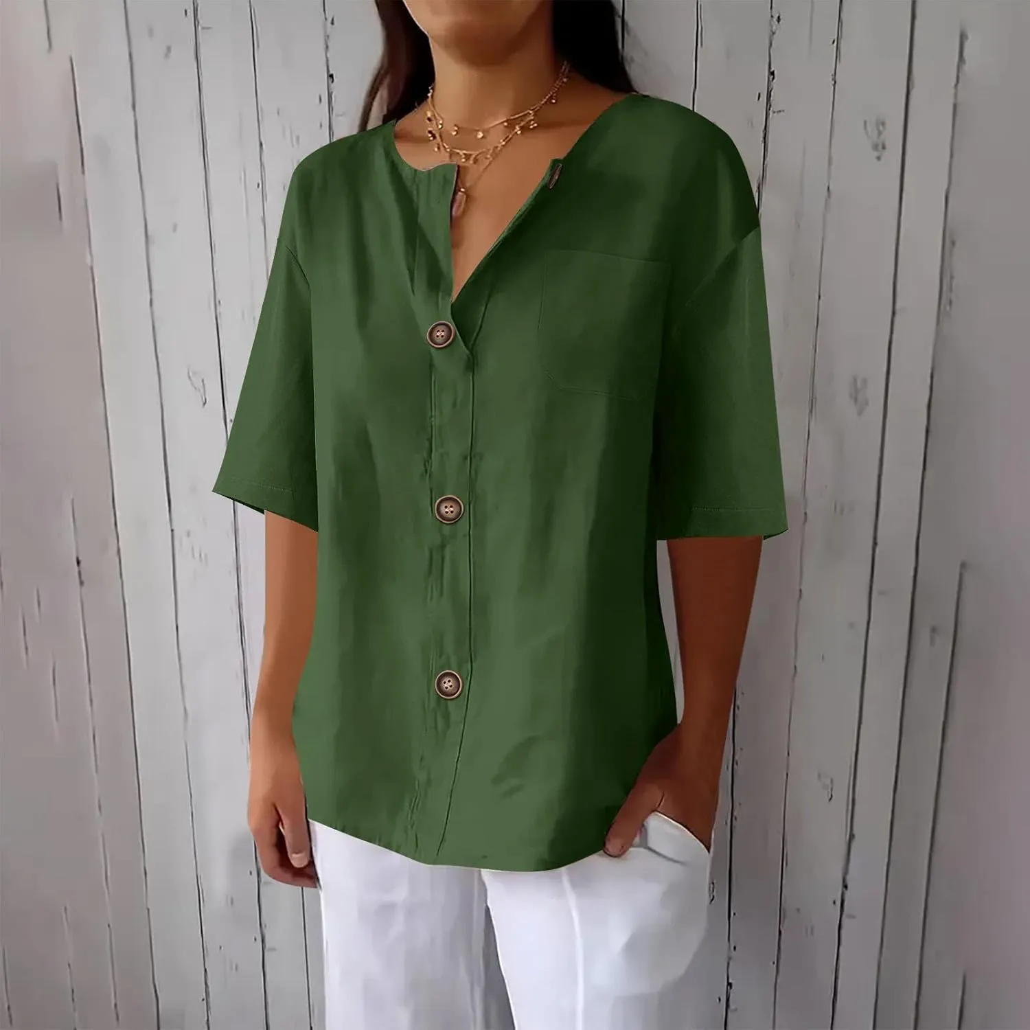 Cotton Linen Shirts for Women Summer V Neck 3/4 Sleeve Tops Loose Vacation Beach Solid Blouses Tunic
