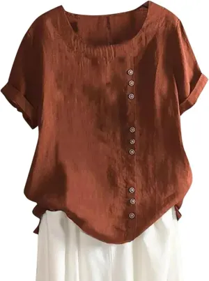 Cotton Linen Tops for Women 2025 Summer Casual Roll Up Short Sleeve T-Shirt Loose Fit Solid Color Tees Blouses