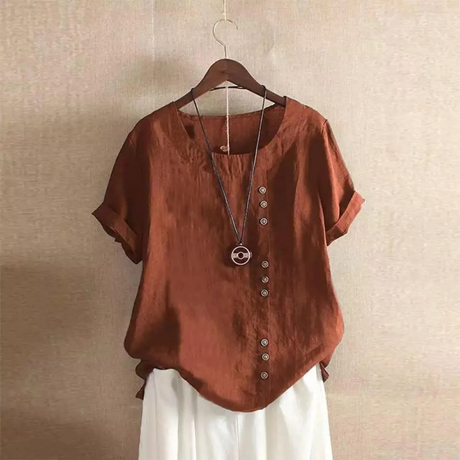 Cotton Linen Tops for Women 2025 Summer Casual Roll Up Short Sleeve T-Shirt Loose Fit Solid Color Tees Blouses