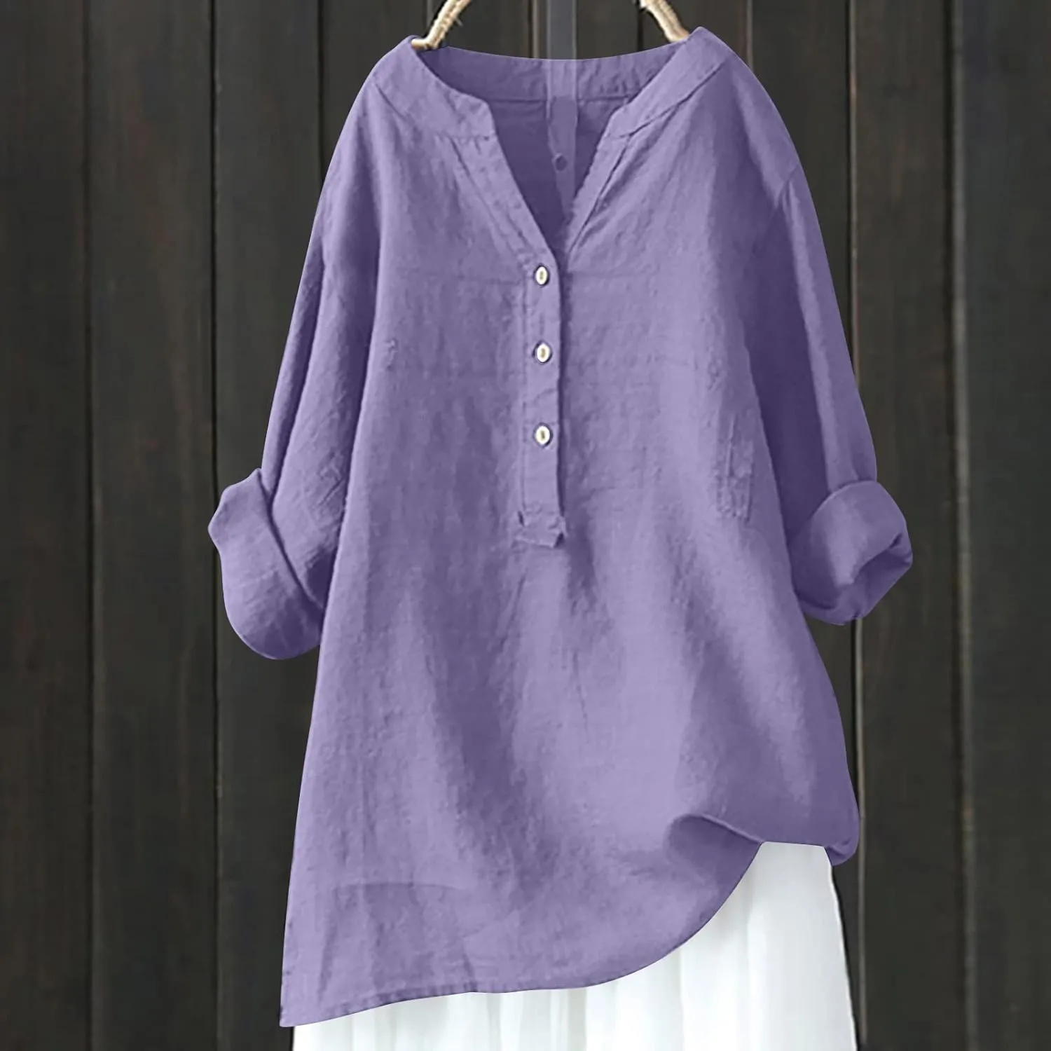 Cotton Linen Tops for Women 3/4 Sleeve Loose Fit Shirts Fashion Casual Solid Color V Neck Blouses 2024 Summer Tops