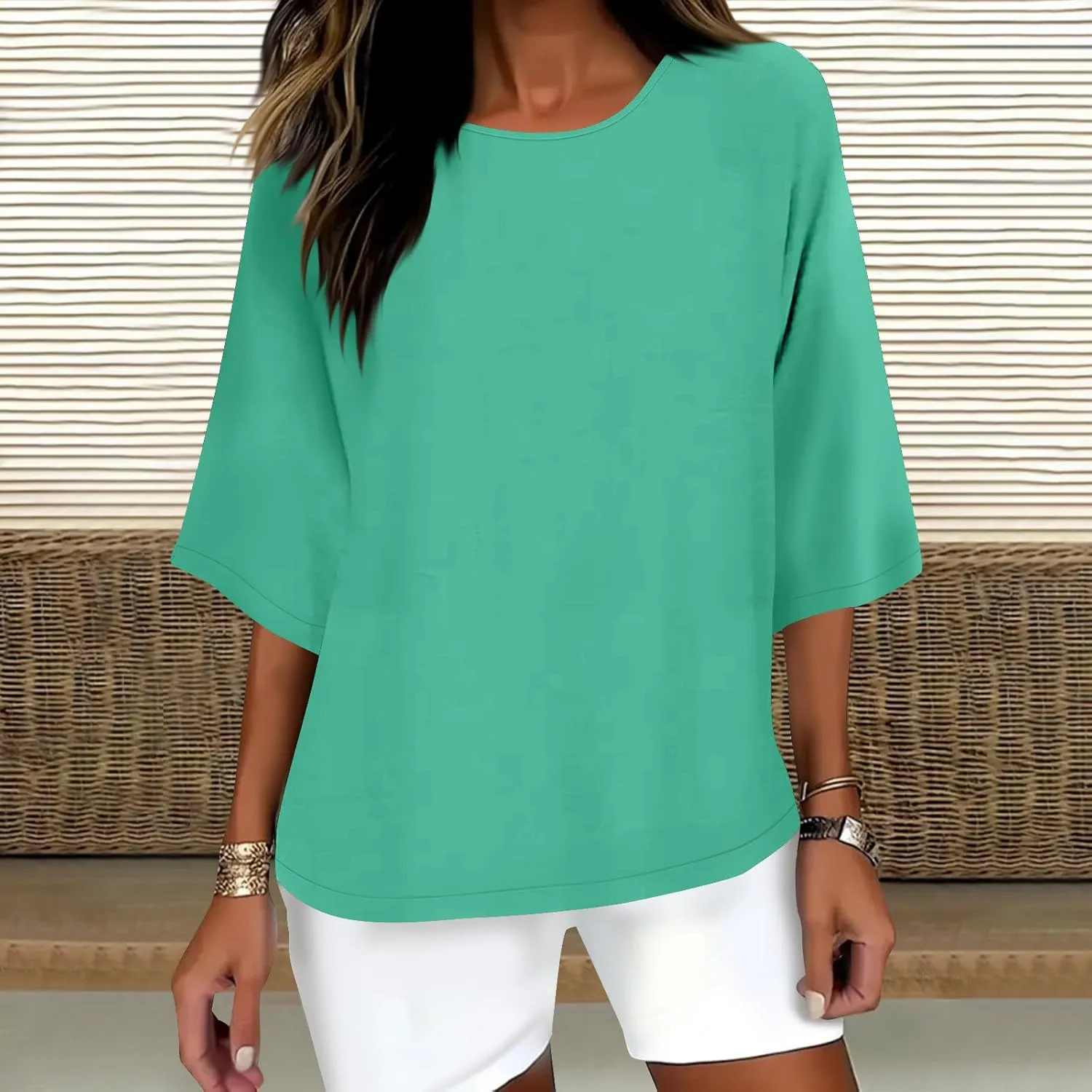Cotton Linen Tops for Women Solid Color 3/4 Sleeve Round Neck Tunic Blouses Casual Plus Size Loose Fitting Tee Shirt
