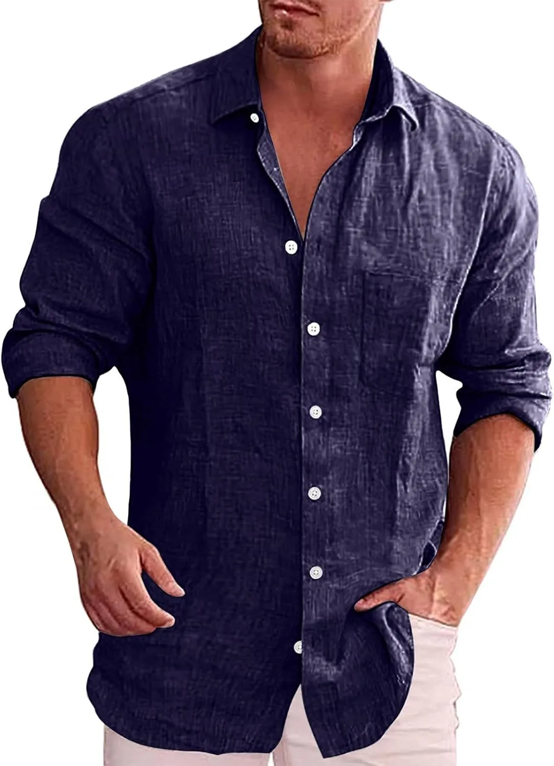 CRNTCEM Mens Long Sleeve Cotton Linen Shirts Lightweight Casual Button Down Collared Work Shirts Summer Outdoor Beach Blouses