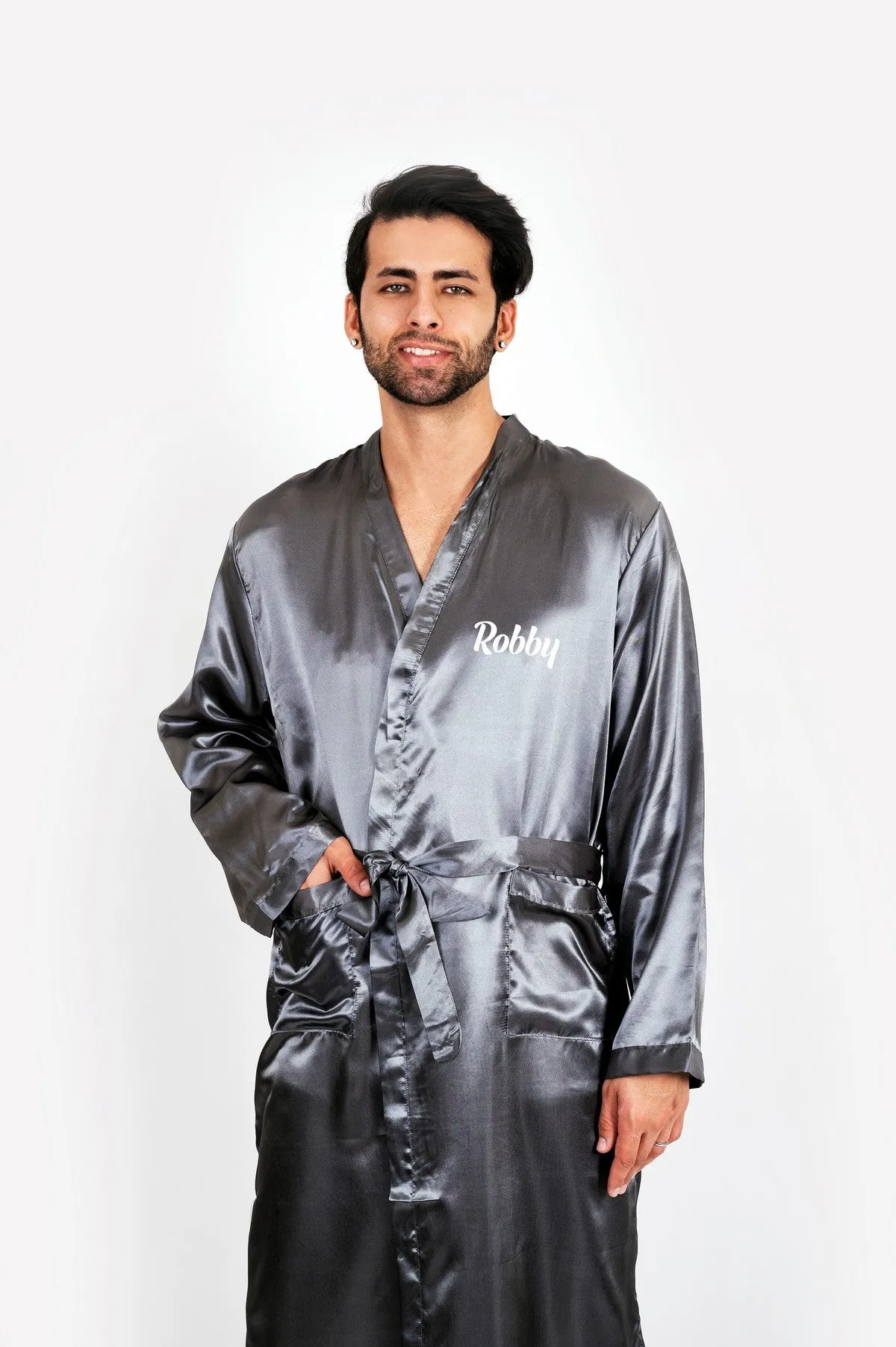 Custom men’s satin robe- Script Vinyl
