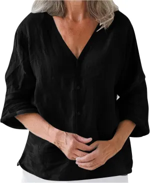 Cute Tops for Women Going Out 3/4 Sleeve Cotton Linen Summer Shirts Loose Fit Casual Trendy Tshirts 2025 Fashion