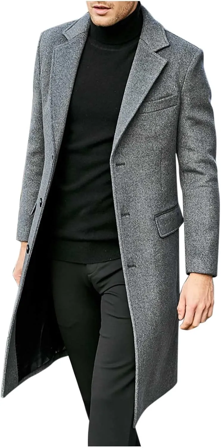 Dgoopd Men's Wool Blend Trench Coat Double Breasted Peacoat Notch Lapel Jacket Big and Tall Winter Coats Plus Size Overcoat