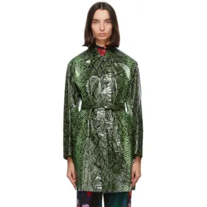 Dries Van Noten Green Snake Coated Trench Coat