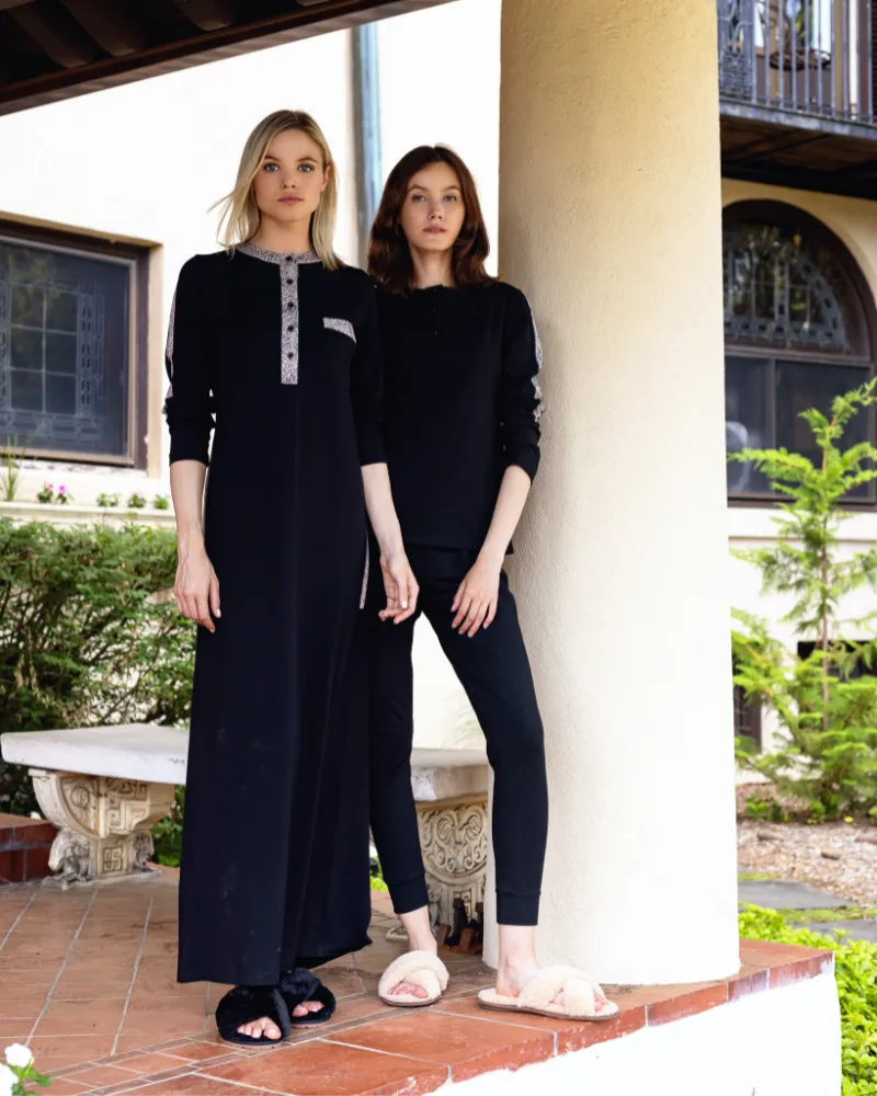 Ellwi Leopard Trim Black Button Down Cotton Nightgown