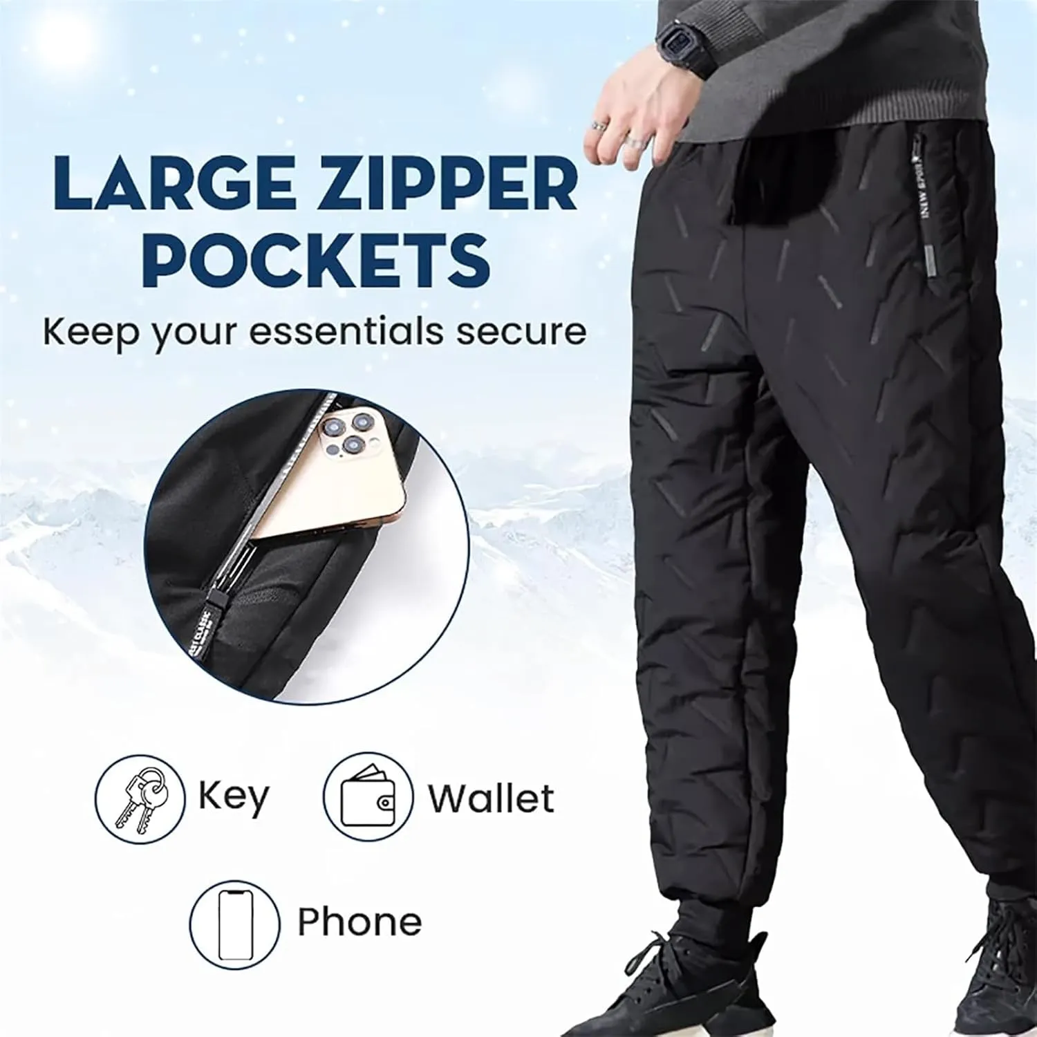 evzosrz Jolly Snow Pants,Mens Winter Warm Pants Fleece Lined Waterproof Pants Warm Bottoms Sweatpants Active Joggers Trousers