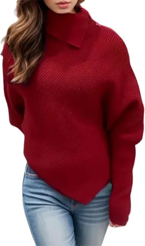 Fall Winter Outfits for Women Batwing Sleeve Turtleneck Pullover Knit Asymmetric Hem Oversized Sweaters Casual Jumper