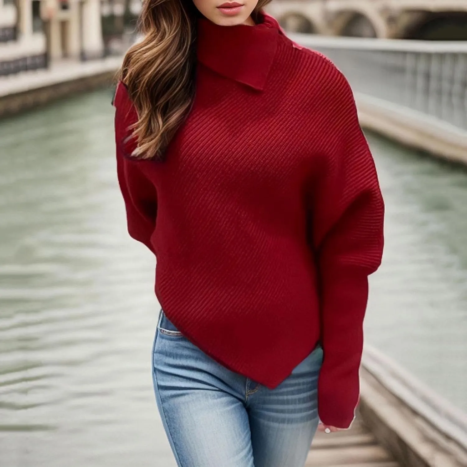 Fall Winter Outfits for Women Batwing Sleeve Turtleneck Pullover Knit Asymmetric Hem Oversized Sweaters Casual Jumper