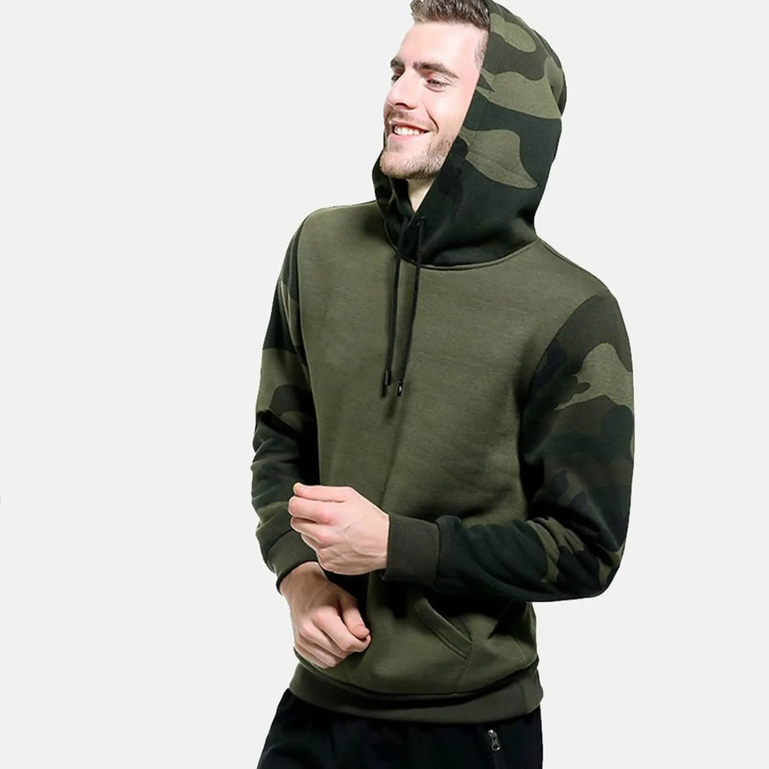 Finelylove Men's Pullover Hoodie Fleece Military Camo Hoodie Long Sleeve Contrast Color Hooded Sweatshirt with Pocket