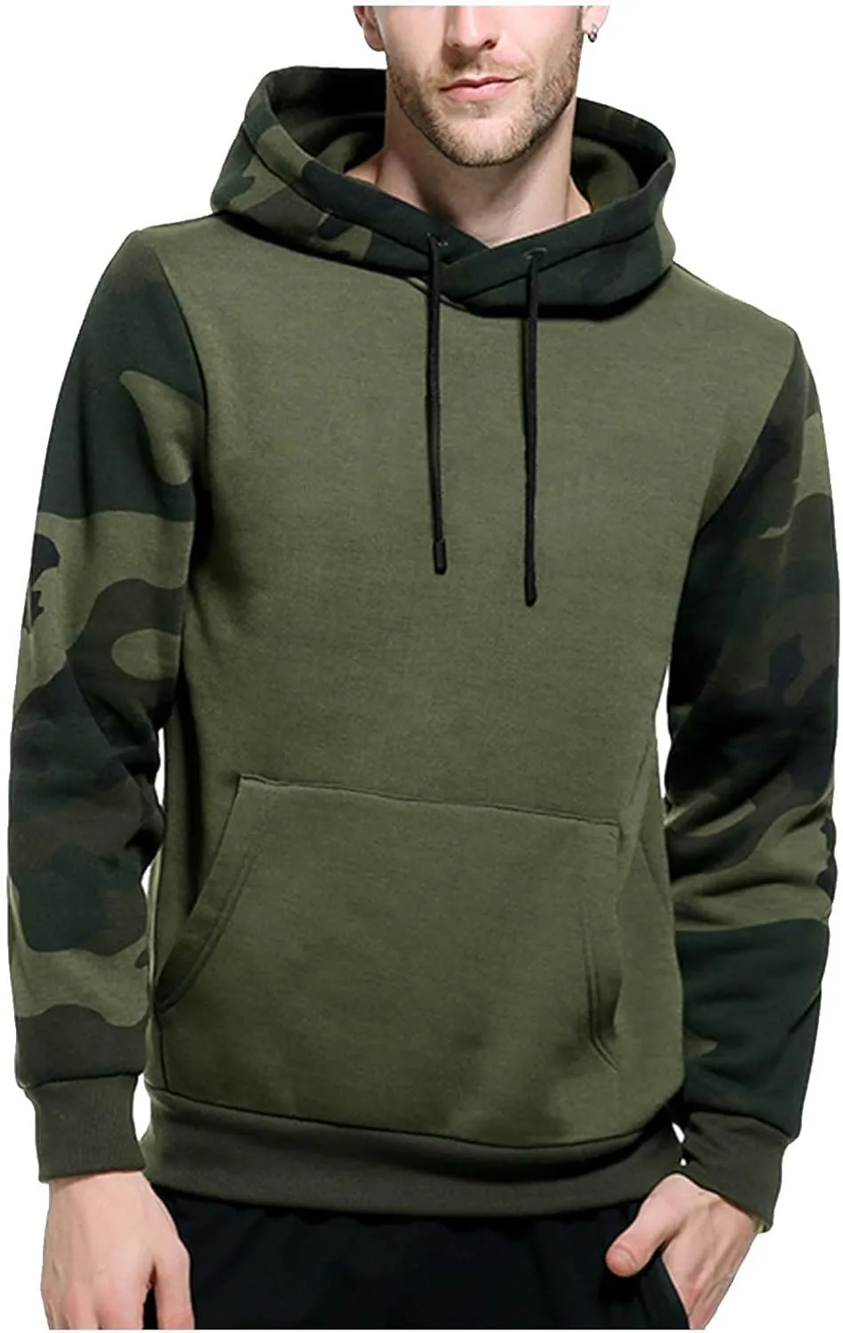 Finelylove Men's Pullover Hoodie Fleece Military Camo Hoodie Long Sleeve Contrast Color Hooded Sweatshirt with Pocket