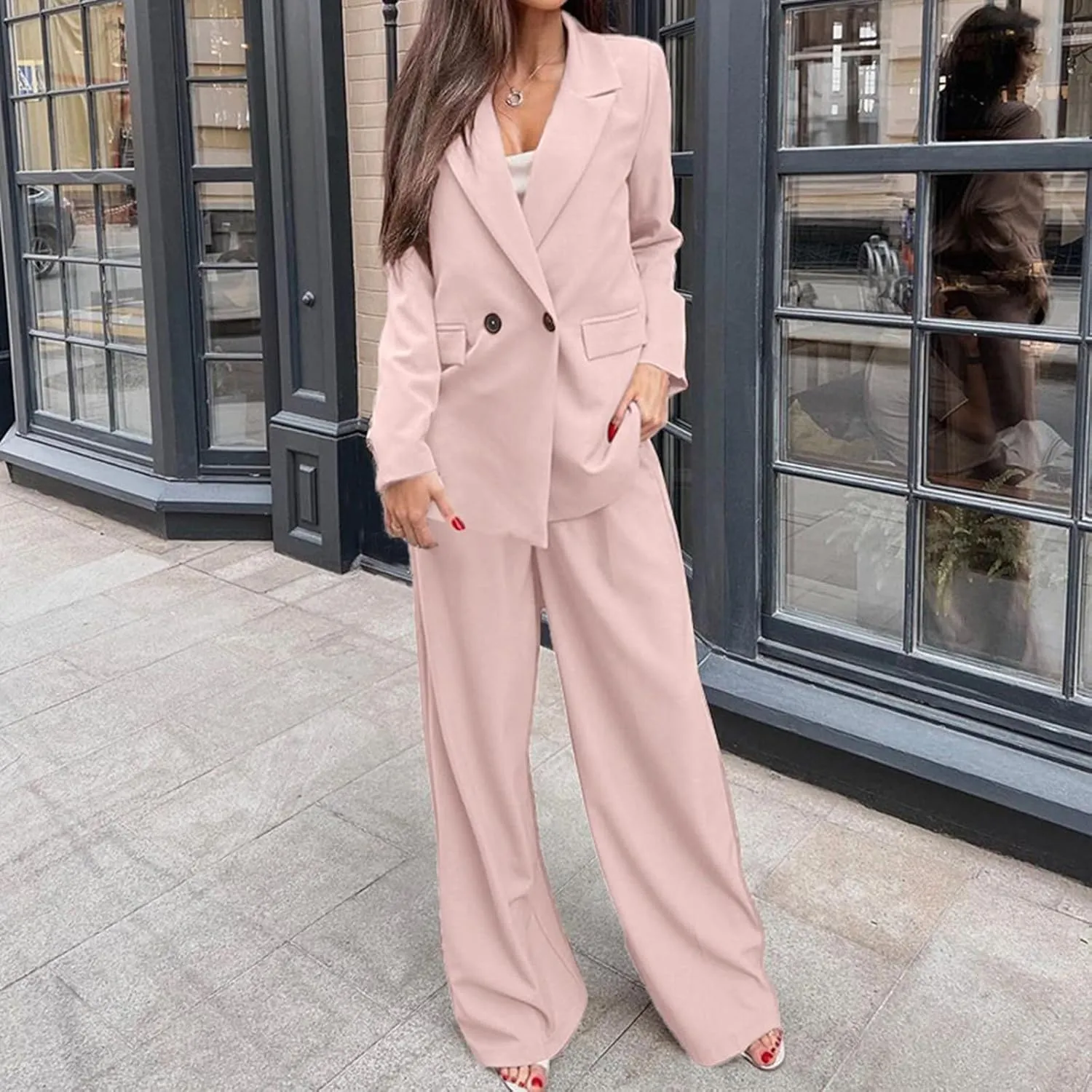 Firzero Blazers for Women Business Casual Suits 2 Piece Office Work Suit Set Elegant Formal Button Blazer Jacket Pants Set