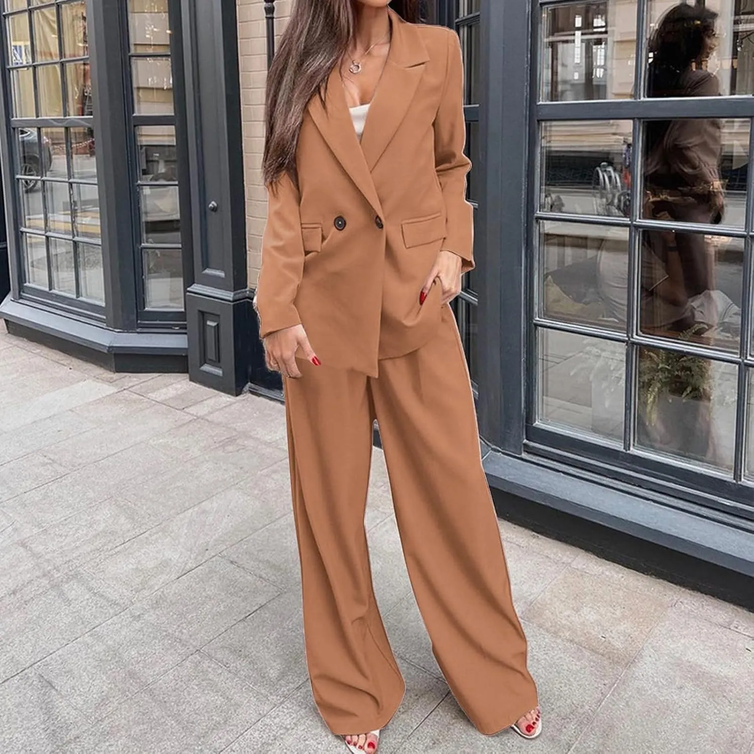Firzero Blazers for Women Business Casual Suits 2 Piece Office Work Suit Set Elegant Formal Button Blazer Jacket Pants Set
