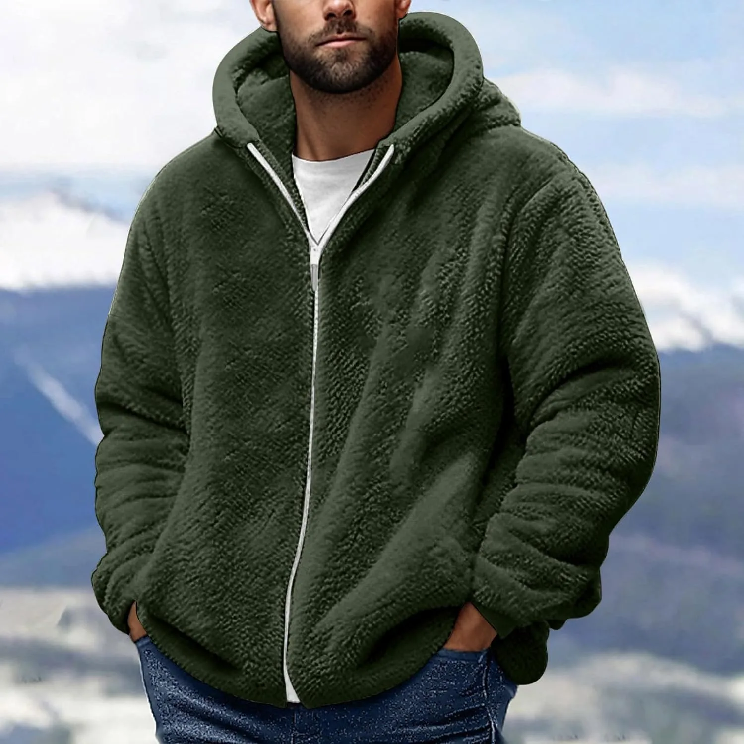 Fleece Jacket Men Fuzzy Zip up Hoodie Open Front Hooded Cardigan Faux Fur Coat Warm Fall Winter Jackets Thermal Outwear
