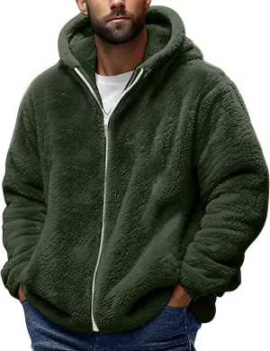 Fleece Jacket Men Fuzzy Zip up Hoodie Open Front Hooded Cardigan Faux Fur Coat Warm Fall Winter Jackets Thermal Outwear
