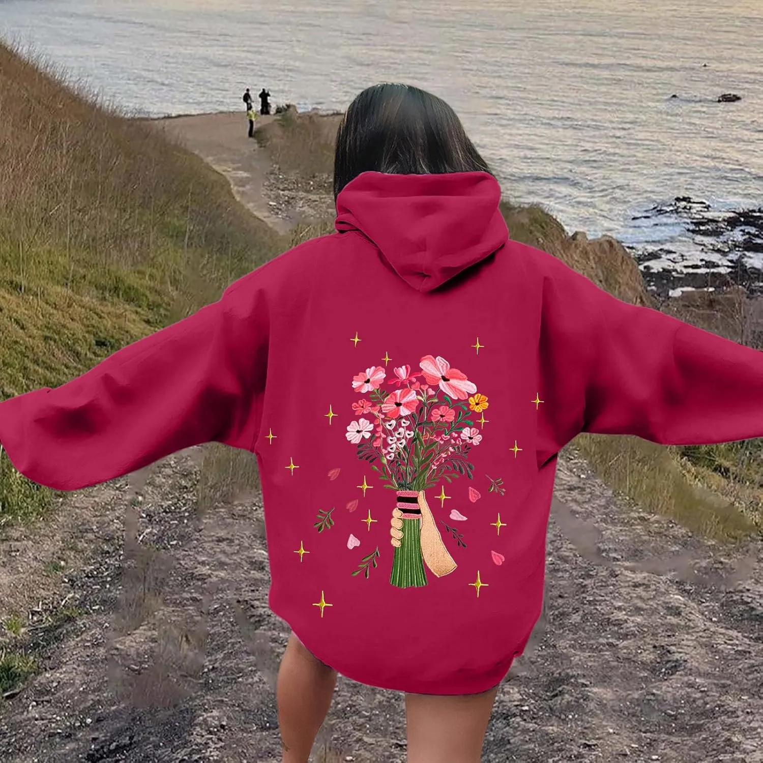 Floral Graphic Hoodies Womens Coquette Oversized Sweatshirts for Teen Girls Y2k Hoodies Cute Fleece Pullover Sweater