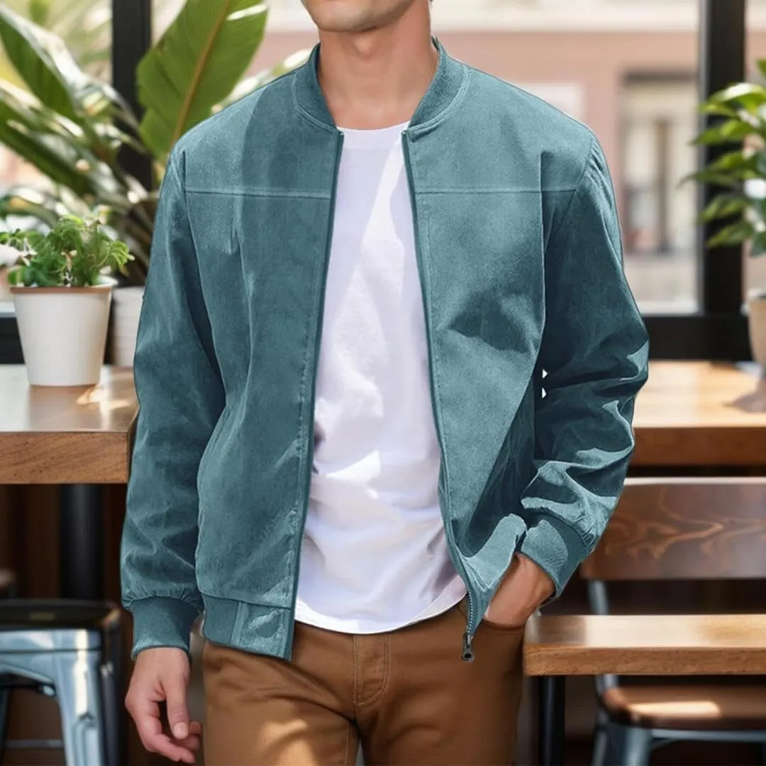 FMCHICO Men's Casual Zip Up Jacket Vintage Lightweight Suede Bomber Jackets