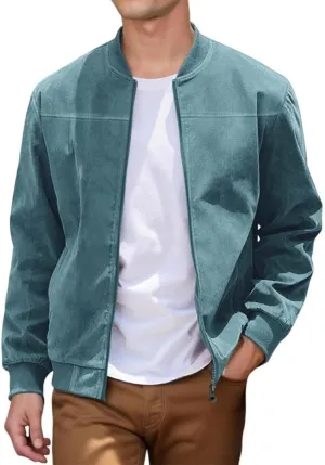 FMCHICO Men's Casual Zip Up Jacket Vintage Lightweight Suede Bomber Jackets