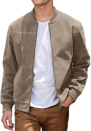 FMCHICO Men's Casual Zip Up Jacket Vintage Lightweight Suede Bomber Jackets