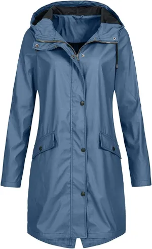 FMCHICO Women's Long Rain Jacket Waterproof Lightweight Hooded Raincoat